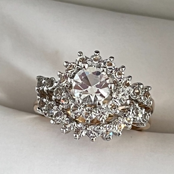 Vintage Wedding Ring Set Cubic Zirconia 14K Yellow Gold Electroplate Bridal Set - Picture 5 of 5